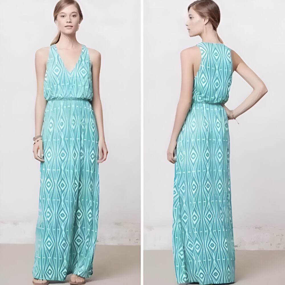 The Addison Story Anthropologie Geometric Green Long Maxi Sleeveless V-Neck Sz M